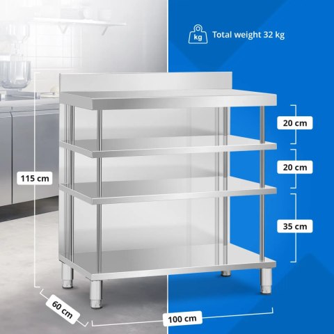 Stół blat barowy roboczy gastronomiczny z rantem 4 półki STAL 100 x 60 x 105 cm