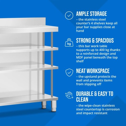 Stół blat barowy roboczy gastronomiczny z rantem 4 półki STAL 150 x 30 x 105 cm