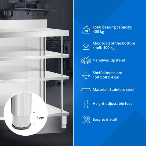 Stół blat barowy roboczy gastronomiczny z rantem 4 półki STAL 150 x 60 x 105 cm