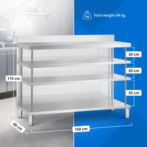 Stół blat barowy roboczy gastronomiczny z rantem 4 półki STAL 150 x 60 x 105 cm
