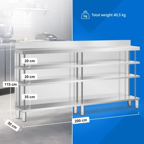 Stół blat barowy roboczy gastronomiczny z rantem 4 półki STAL 200 x 30 x 105 cm