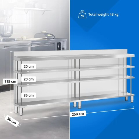Stół blat barowy roboczy gastronomiczny z rantem 4 półki STAL 250 x 30 x 105 cm