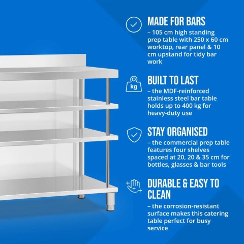 Stół blat barowy roboczy gastronomiczny z rantem 4 półki STAL 250 x 60 x 105 cm
