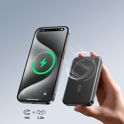 Powerbank indukcyjny 5000mAh USB-A USB-C 20W z kablem USB-C - czarny